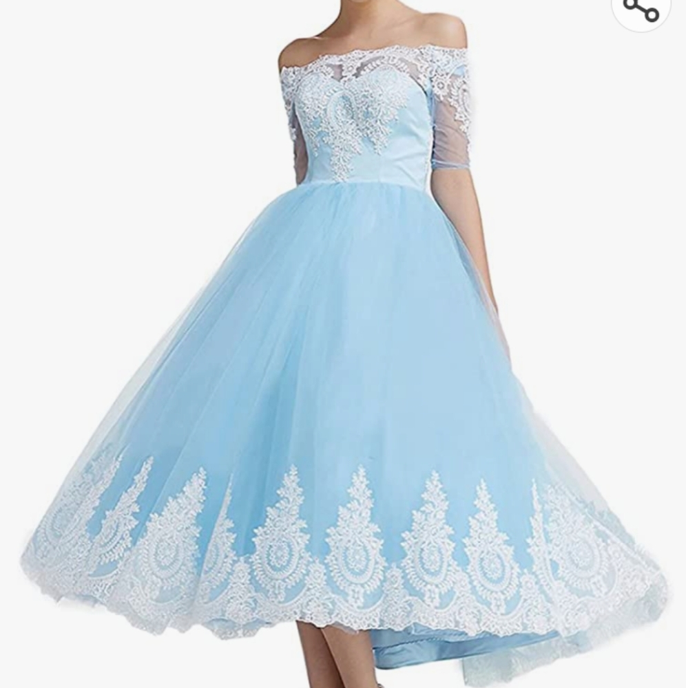 Used- Light Blue & White Lace Cocktail Prom Dress